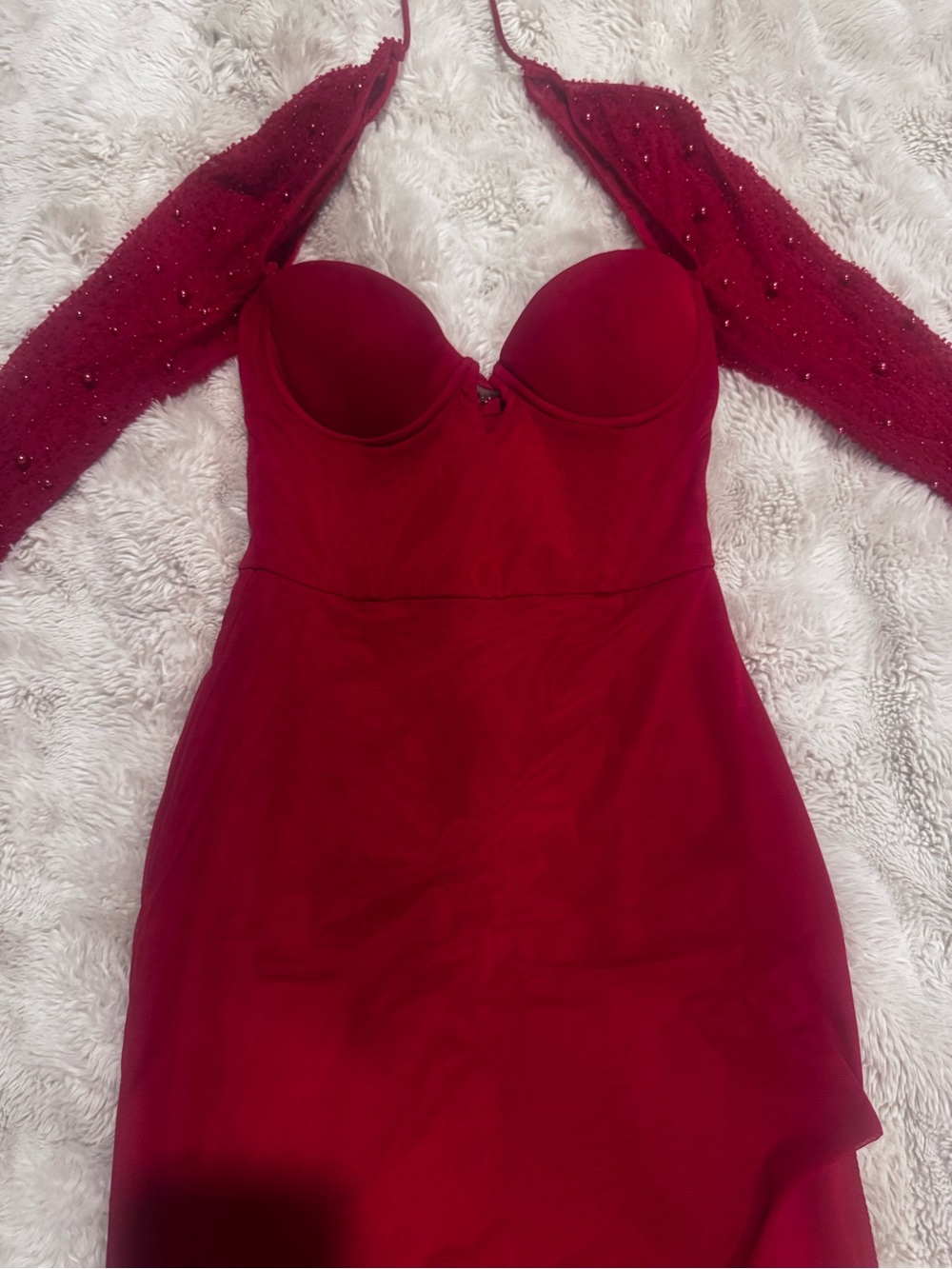 Oh Polly Red Strapless Bustier Dress with Beaded Sleeves